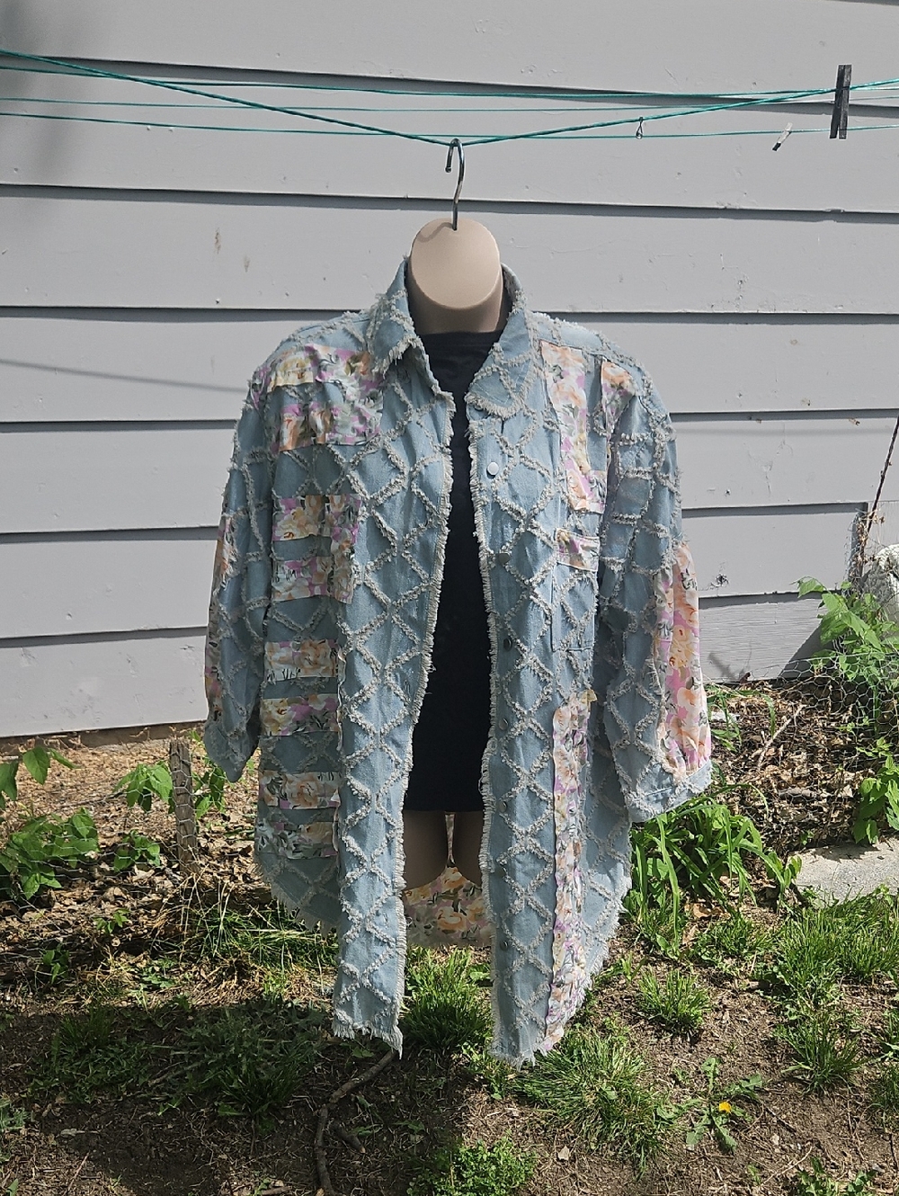 Light Blue Patchwork Denim Jacket with Floral Panels